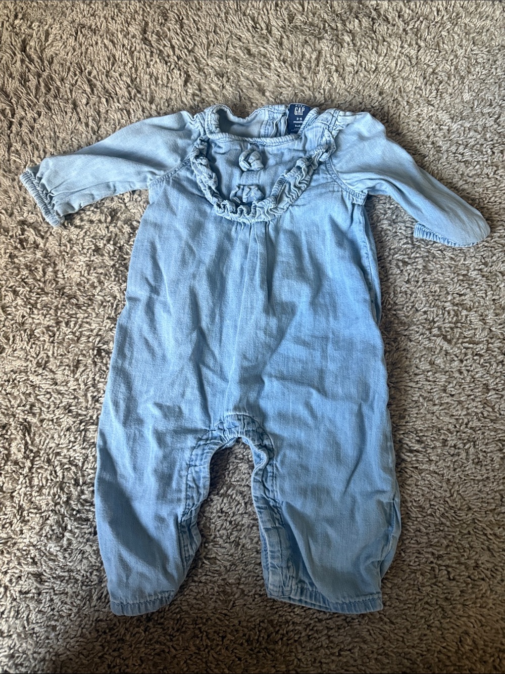 GAP Baby Light Blue Denim-Style Ruffle Neck Infant One-Piece
